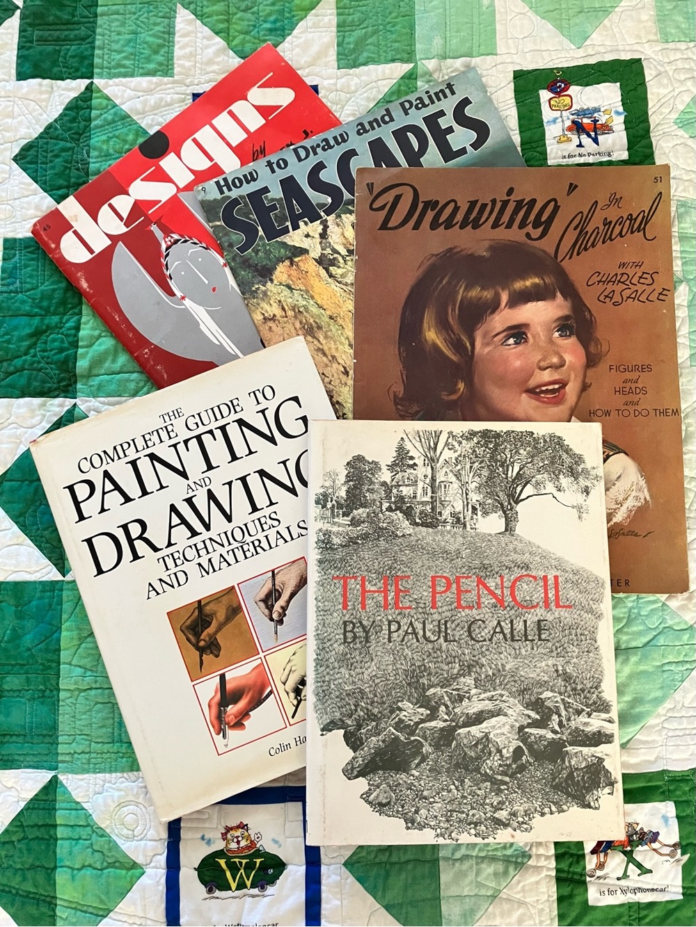 Vintage Art Books Collection - Green Quilt Background